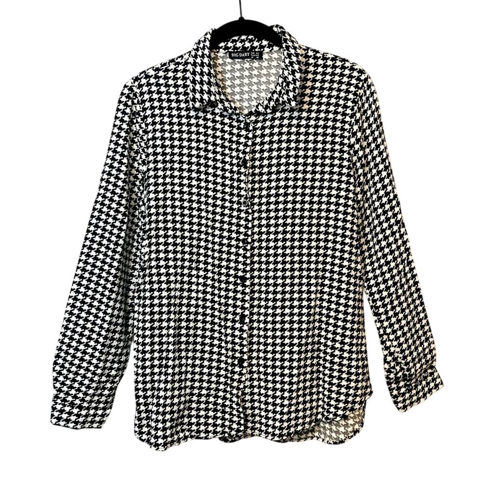 Big Dart Retro Black White Houndstooth Plaid Button Up Long Sleeve Blouse Top 44